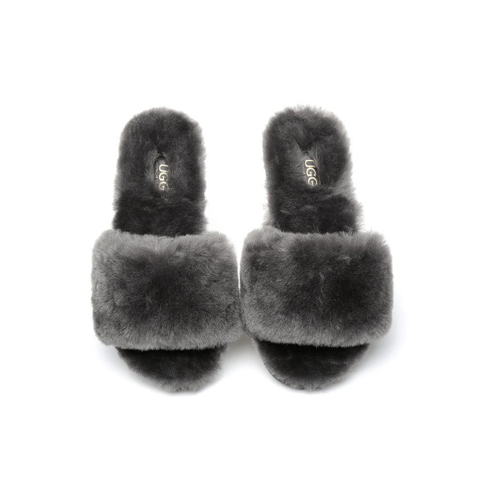 UGG Womens Genuine Shearling Fur Slide Slippers Gray Cozy Slides Size 10